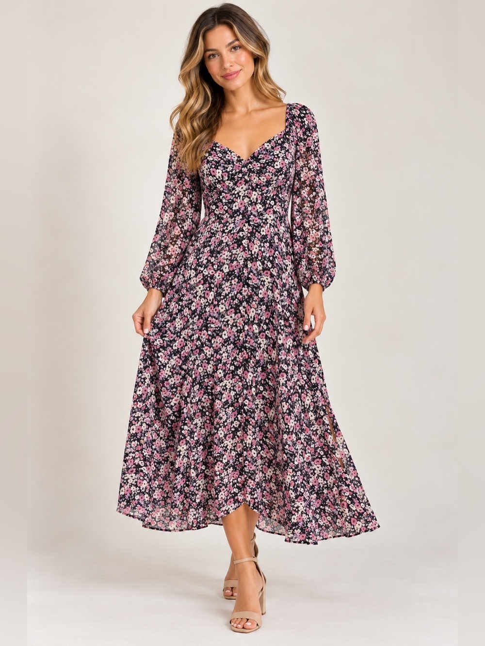 Astr the Label Floral Midi Dress in Pink and Black NWT